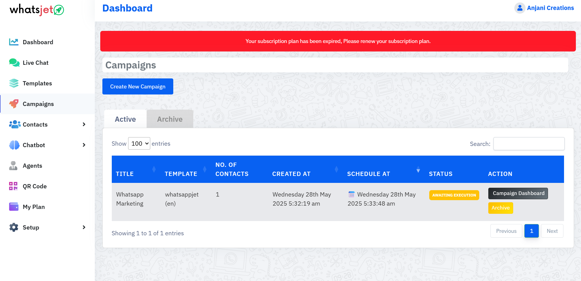 WhatsApp Broadcasting campaign management screenshot