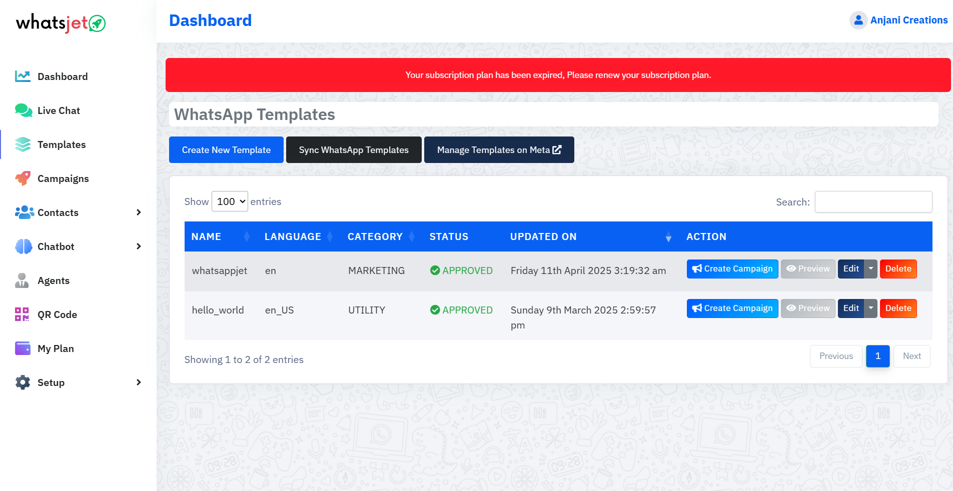 WhatsApp Broadcasting template management screenshot