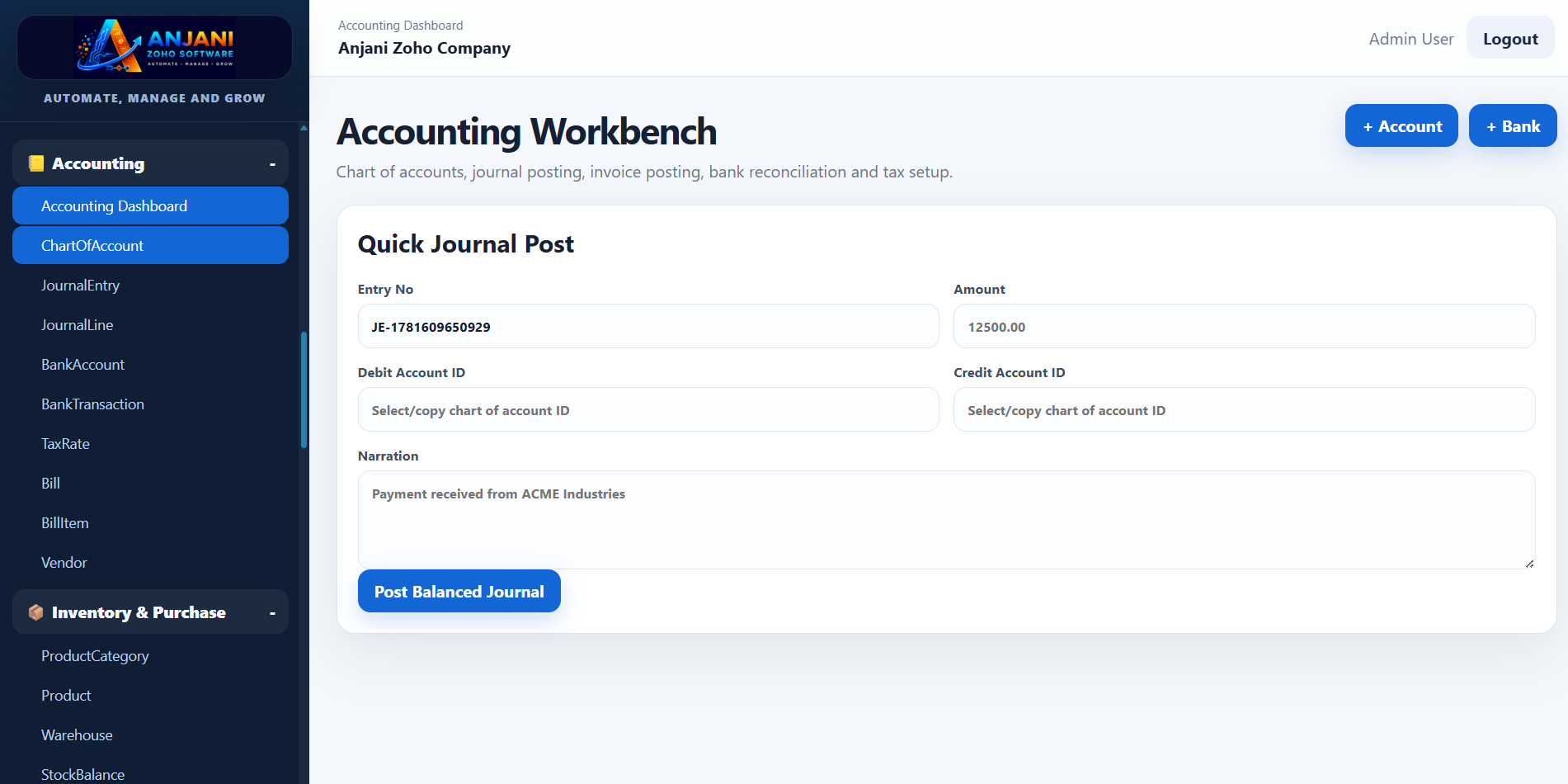 Zoho Software accounting workbench screenshot